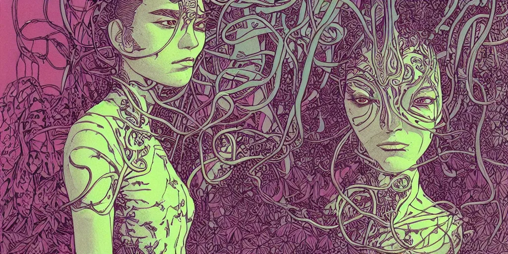 Image similar to risograph grainy drawing vintage sci - fi, antagonist girl, moebius color palette, face covered with plants and flowers, wearing futuristic scaphander with lot of vires and tentacles, exotic plants around and on the background, parking lot, painting by moebius and satoshi kon and dirk dzimirsky close - up portrait