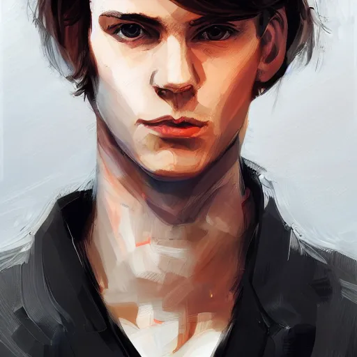 Prompt: Portrait of a man by Greg Rutkowski, he is about 20 years old, polish, short blonde hair with bangs, attractive, smart looking, slim, somewhat androgenic, he is wearing a white and black utilitarian jumpsuit, highly detailed portrait, scifi, digital painting, artstation, concept art, smooth, sharp foccus ilustration, Artstation HQ