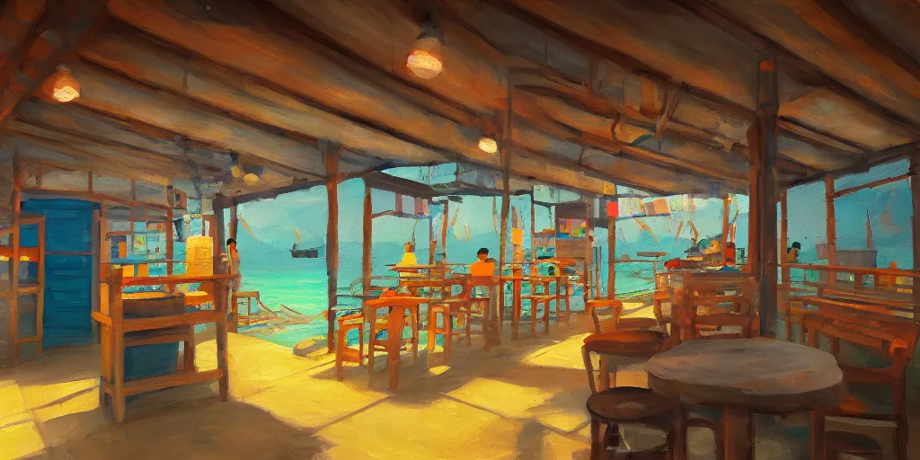 Image similar to interior of a small kopitiam at pulau indah fishing village, near a jetty, early morning, detailed ultrarealisitic painting, low angle view, telephoto lens, bokeh, studio ghibli, artstation