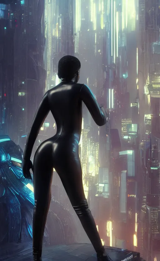 Prompt: a beautiful Black woman wearing a leather catsuit, standing with her back to us, in a futuristic blade runner city, unreal engine, art by Artgerm and greg rutkowski and alphonse mucha, 8K