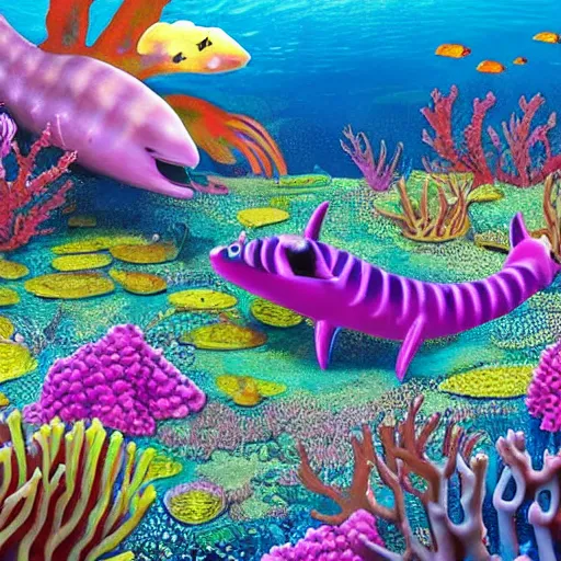 Prompt: a colony of living bioweapons that have made their home in a Lisa frank underwater coral forest on the ocean floor and are hunting down a nearly extinct liopleurodon trying to hide in a nearby kelp forest