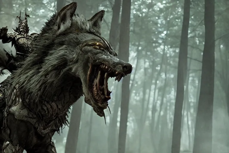 Image similar to vfx movie closeup detailed ancient armored warrior orc hunting riding large wolf in the forest, natural lighting by emmanuel lubezki