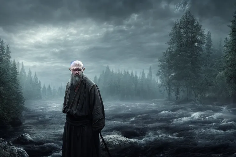 Prompt: an ultra realistic, cinematic headshot portrait, of an evil wizard, background of a vast serene landscape, with trees and rivers, detailed, deep focus, movie still, dramatic lighting, ray tracing, by michal karcz and yoshitaka amano