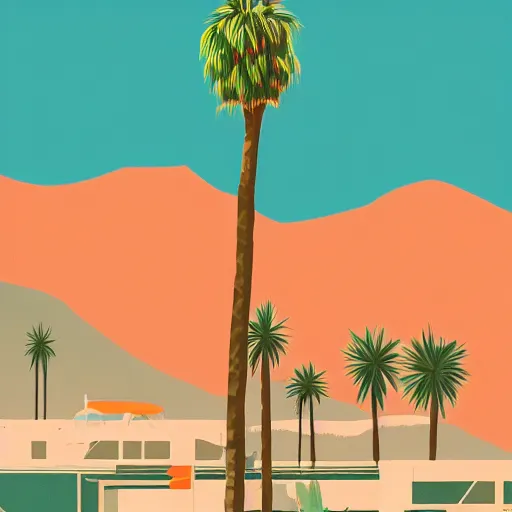 Prompt: a beautiful two color illustration of palm springs by James gilleard, green, orange, artstation HD, geometric lines, HD, 4k, 8k