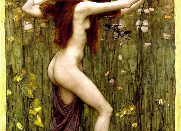 Image similar to a masterpiece painting of a beautiful, lean faerie queen by john william waterhouse, symmetrical, muted colors