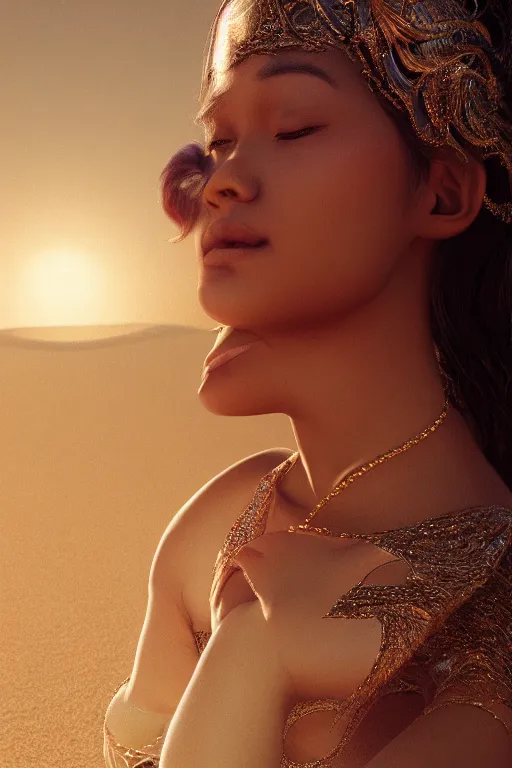 Image similar to stunningly beautiful, filipina prima ballerina in desert, symmetrical face, golden hour, smooth, focus, highly detailed, hyper realistic, dramatic lighting, elegant, intricate, concept art, low angle, art by wlop, mars ravelo, greg rutowski, artstation