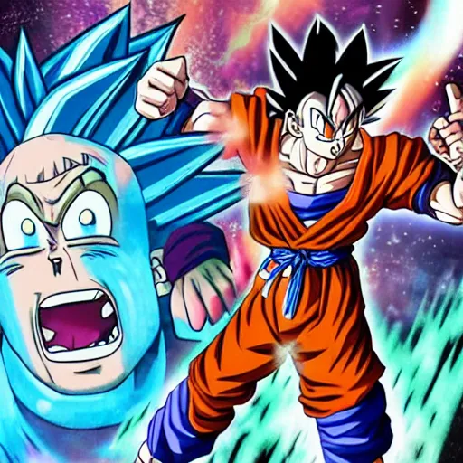 Image similar to rick sanchez fighting goku, realistic