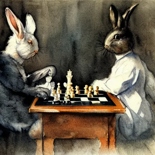 Prompt: two rabbits playing chess, in the style of anders zorn, watercolour