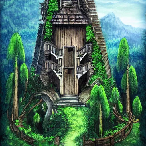 Prompt: A wizard's tower in a lush valley.