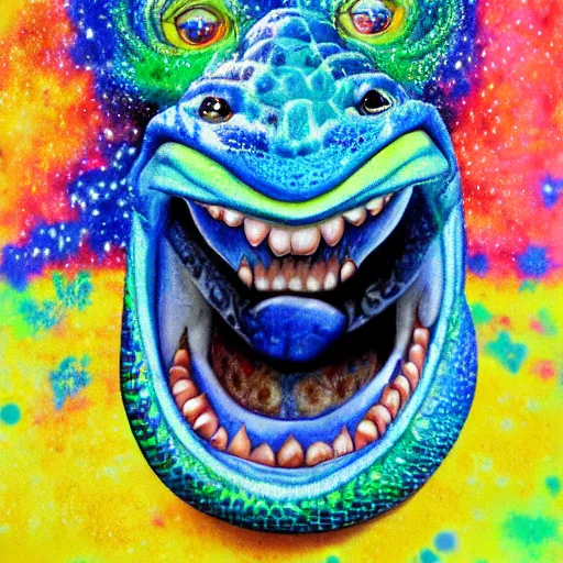 Image similar to president nixon as a smiling laughing bright blue lizard person, airbrush painting, hyper detailed, 8 k, photorealism, rule of thirds, glitter.