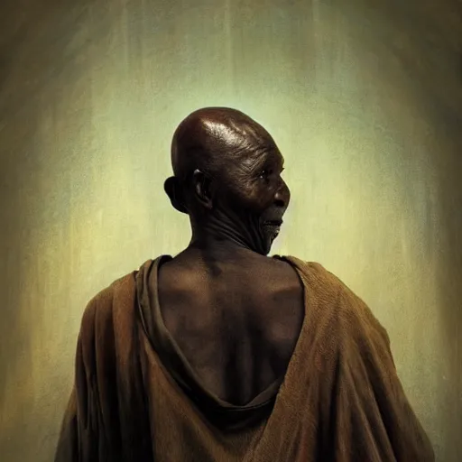 Image similar to a painting of a wise elder from Kenya by Leonardo da Vinci . dramatic angle, ethereal lights, details, smooth, sharp focus, illustration, realistic, cinematic, artstation, award winning, rgb , unreal engine, octane render, cinematic light, macro, depth of field, blur, red light and clouds from the back, highly detailed epic cinematic concept art CG render made in Maya, Blender and Photoshop, octane render, excellent composition, dynamic dramatic cinematic lighting, aesthetic, very inspirational, arthouse.