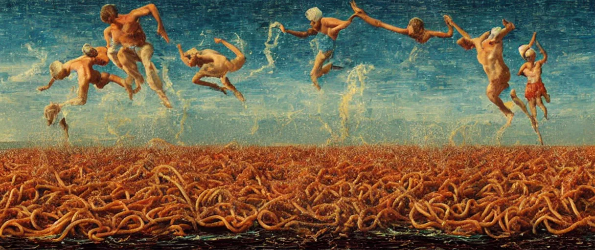 Prompt: ' people swimming in a sea of spaghetti with tomato sauce, blue sky, storm, detailed 4 k illustration, oil painting by pellizza da volpedo'