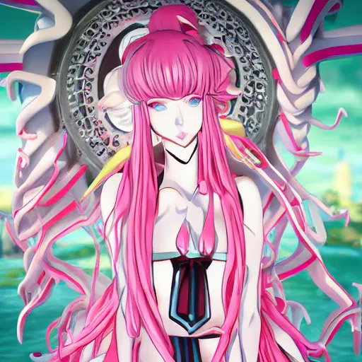 Image similar to trapped beneath stunningly absurdly huge beautiful omnipotent asi goddess junko enoshima with multiple enigmatic complex twisted deceptive cunning mesmerizing megalomaniacal yandere personalities, symmetrical perfect face, porcelain skin, pink twintail hair and cyan eyes, ultra detailed, digital art, unreal engine 5, octane render, 2 d anime, 8 k