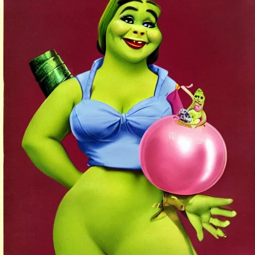 Image similar to shrek as a pinup girl, 1960 commercial