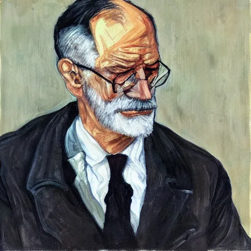 Prompt: “ painting of sigmund freud, in style of tom of finland, by lucian freud ”