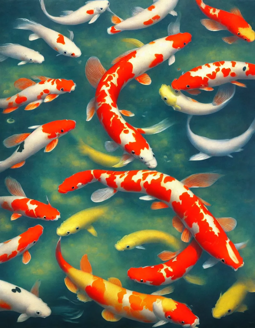 Image similar to koi fishes swimming in the sky and under the sea, ambrosius benson, oil on canvas, paul lehr, hyperrealism, around the edges there are no objects