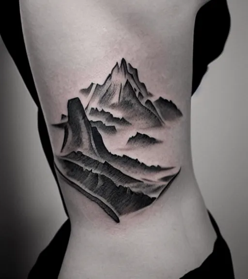 Image similar to tattoo design sketch of an extremely beautiful woman with a background of beautiful mountains on her side, hyper - realistic, double exposure effect, in the style of den yakovlev, amazing detail, black and white, faded