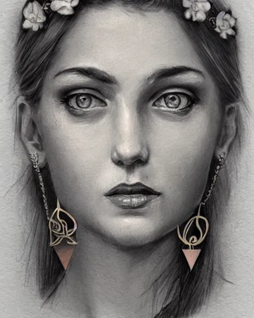 Image similar to realism tattoo sketch of a beautiful greek goddess aphrodite with piercing eyes wearing a laurel wreath and triangle earrings, in the style of greg rutkowski, amazing detail