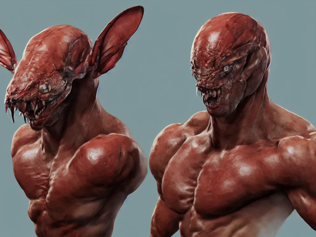 Prompt: game concept art, muscular, shrimp head, chiroptera ears, hyperrealism, artstation, cgsociety, zbrush, no background