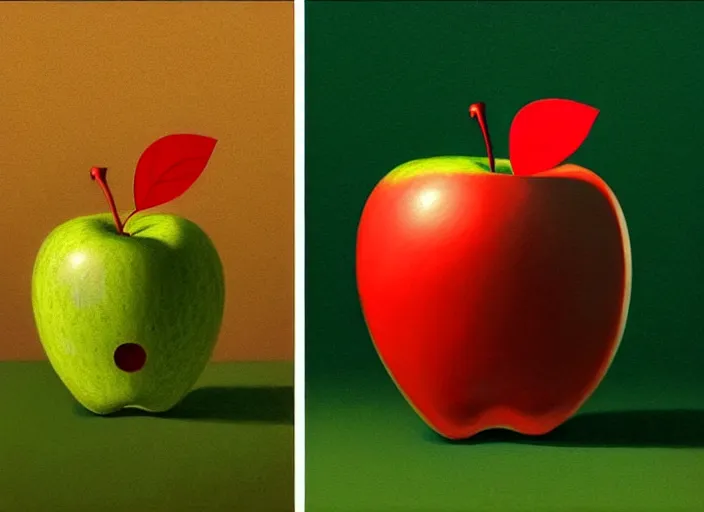 Prompt: a digital painting of a beautiful anthropomorphic humanoid green apple wearing a red dress, by netter and René Magritte, style from greg rutkowski, googly eyes, full frame, oil painting, featured on artstation, concept art, smooth, sharp focus, illustration, very detailed, ambient lighting, unreal engine render, concept art by