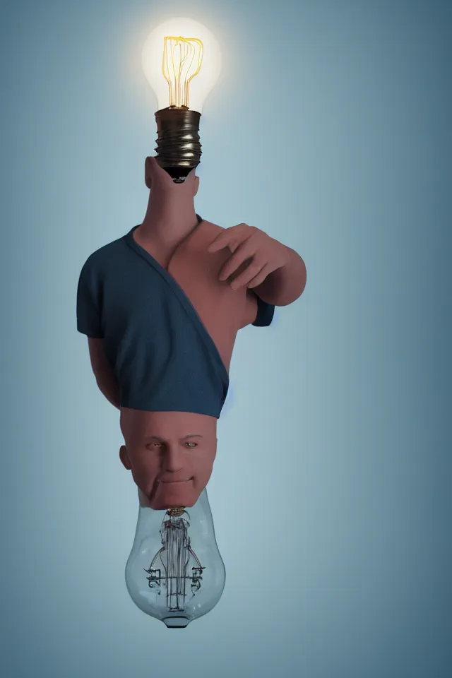 Image similar to a portrait of a man who has a light bulb instead of a head, photorealistic, detailed, in the background a cyan wall , octane render, hyper realistic