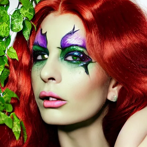 Prompt: A beautiful portrait of alicja tubilewicz smiling as Poison Ivy from Batman as a Versace fashion model Spring/Summer 2010, highly detailed, in the style of cinematic, Getty images, Milan fashion week backstage, Extreme close up, Makeup by Pat McGrath, Hair by Guido Palau, Greg rutkowski