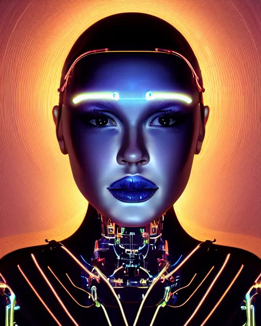 Prompt: fashion portrait, most beautiful girl in the world, glowing cybernetic augments, hyperrealism, year 2447, cdx