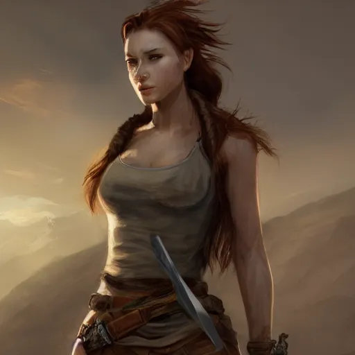 Prompt: fantasy concept art, wide angle, young woman, auburn hair, athletic, slavic features, clean face, serious demeanor, tomb raider, desert background, in the style of ruan jia, high detail, uplit, 8 k