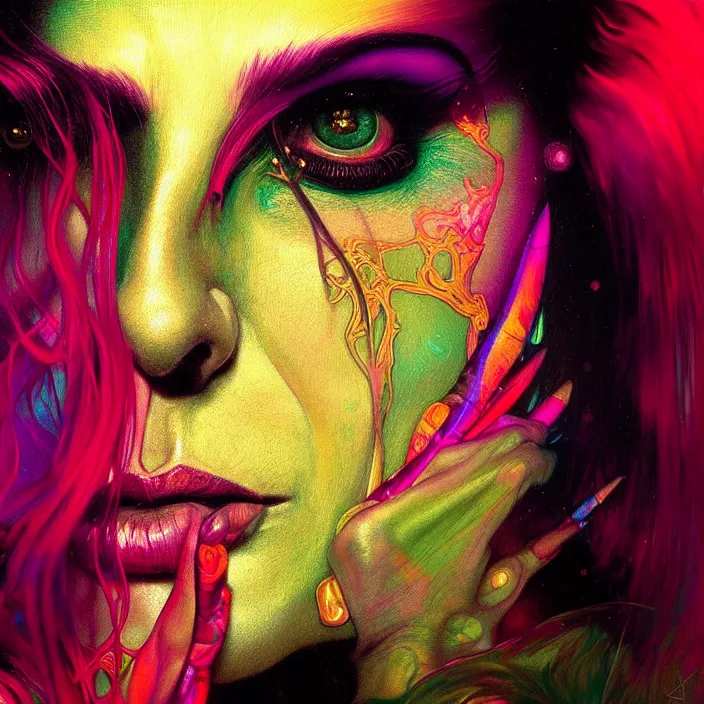 Prompt: bright psychedelic portrait of DIAMANDA GALAS, diffuse lighting, fantasy, intricate, elegant, highly detailed, lifelike, photorealistic, digital painting, artstation, illustration, concept art, smooth, sharp focus, art by John Collier and Albert Aublet and Krenz Cushart and Artem Demura and Alphonse Mucha