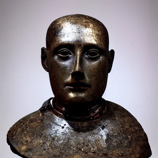 Image similar to an extremely ancient ironman bust that is tarnished and covered in sediment from uncovered earth expedition, rare photograph, smithsonian,