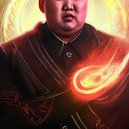 Image similar to portrait of kim - jong un as a spellcaster and mage, league of legends amazing splashscreen artwork, splash art, natural light, elegant, photorealistic facial features, intricate, fantasy, detailed face, atmospheric lighting, anamorphic lens flare, cinematic lighting, league of legends splash art, hd wallpaper, ultra high details by greg rutkowski