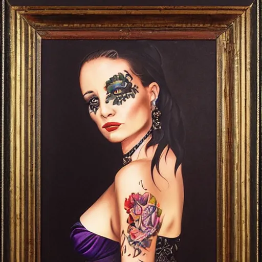 Prompt: portrait of a tattoed woman wearing a baroque dressed, fully dressed by julie bell