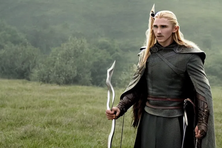 Image similar to film still of Christian Bale as Legolas in The Two Towers movie, 4k