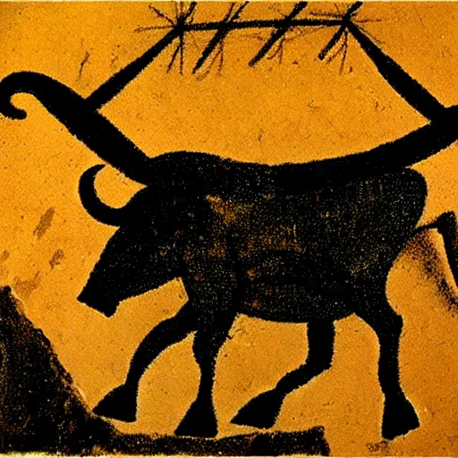 Prompt: minotaur, paleolithic cave painting