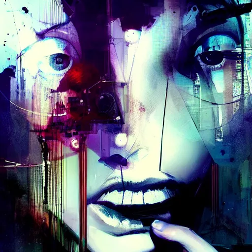 Prompt: beautiful young cyberpunk noir woman vr dreaming of a nightmare glitchcore world of wires, and machines, by jeremy mann, francis bacon and agnes cecile, and dave mckean ink drips, paint smears, digital glitches glitchart