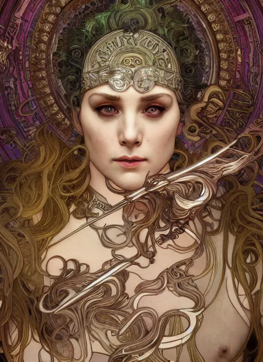 Image similar to Jennifer Lowrence as God of Strangeness, brutal, epic, intricate, elegant, highly detailed, digital painting, 4k, HDR, concept art, smooth, sharp focus, illustration, art by alphonse mucha,artgerm, H R Giger