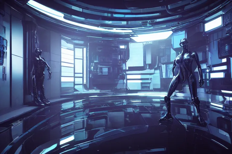 Image similar to cyberpunk alien concept inspired room, futuristic look, highly detailed body, very powerful, photorealistic camera shot, bright studio setting, studio lighting, crisp quality and light reflections, unreal engine 5 quality render