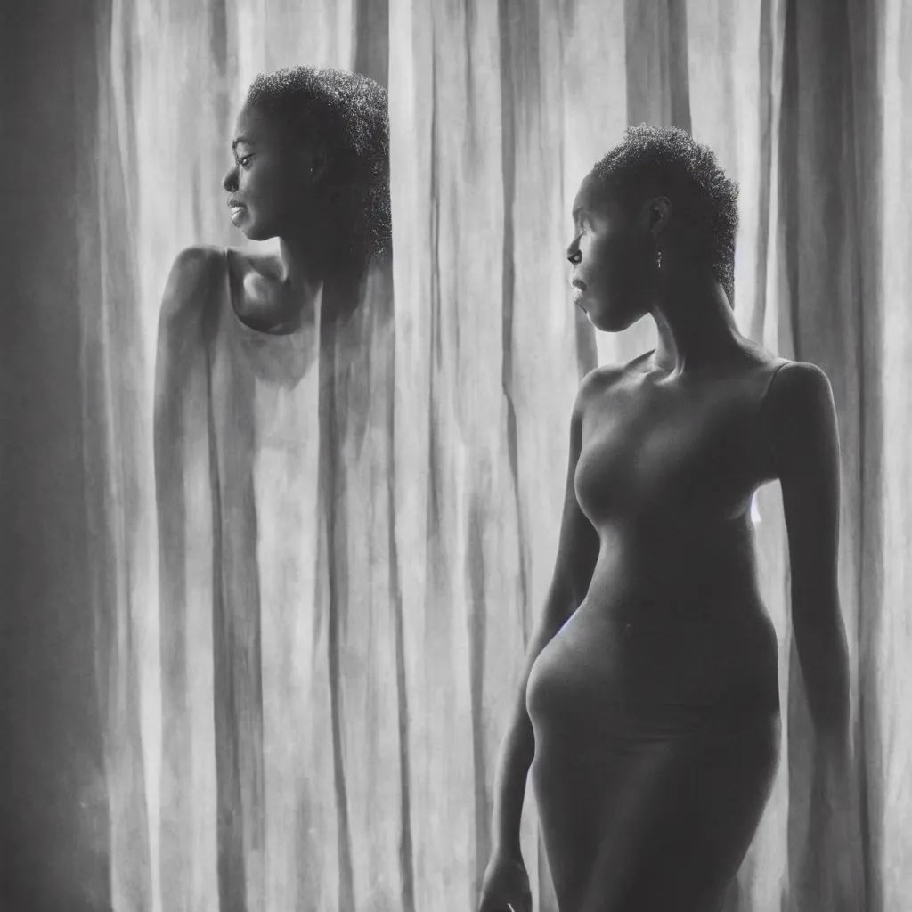 Image similar to photorealistic photo portrait of beautiful black woman standing next to a window,