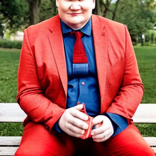 Prompt: andy richter wearing a brick red suit and necktie, sitting on a park bench [ [ [ holding a sandwich ] ] ], golden hour afternoon