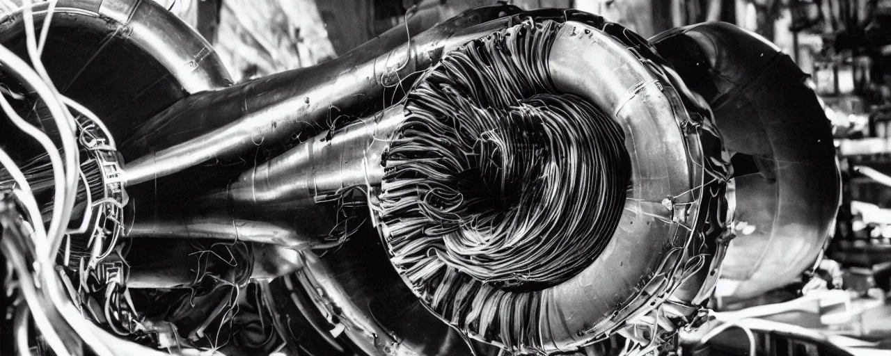 Prompt: a jet engine with spaghetti exhaust, canon 5 0 mm, cinematic lighting, photography, retro, film, kodachrome