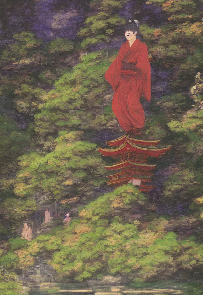 Image similar to yokai in front of a japanese temple in the mountain. gorgeous epic nature, lofi, vivid colors, amazing light, by jeremy lipkin, by claude monet, heavily inspired by makoto shinkai, kandinsky touches, inspired by ghibli, masterpiece, multiple brush strokes, impressionist style