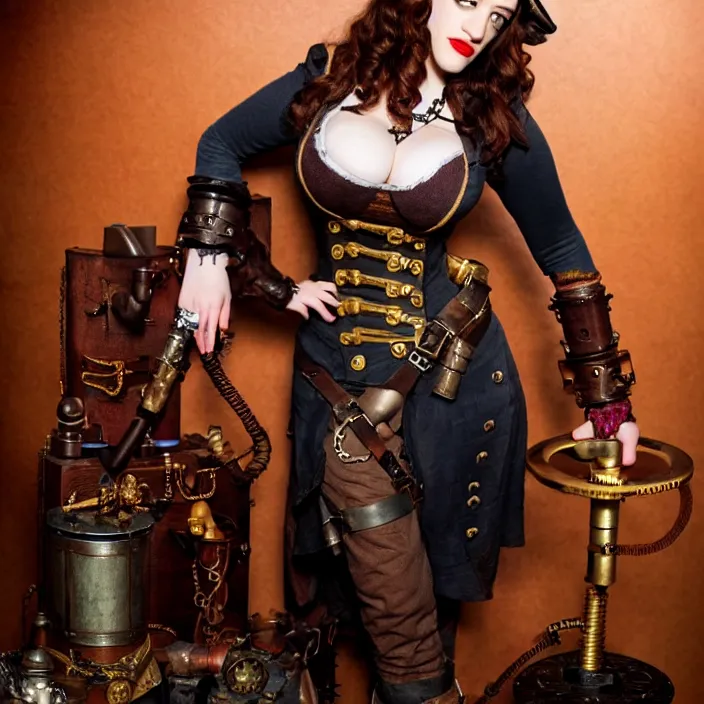 Prompt: full body photograph of kat dennings as a steampunk pirate. Extremely detailed. 8k