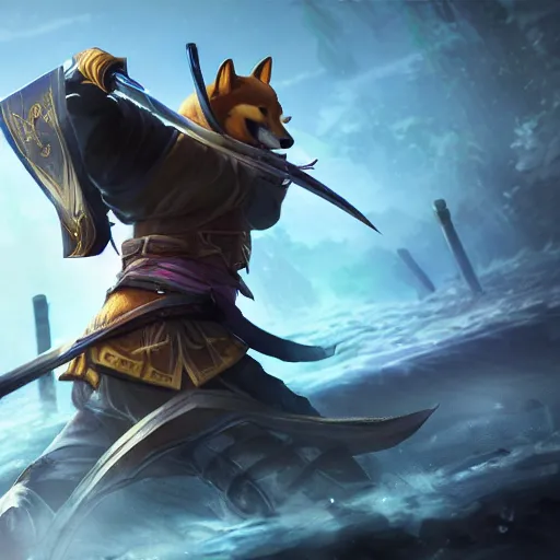 Prompt: shiba inu samurai warrior as a league of legends character, michael maurino, alex flores, paul kwon, cinematic, highly detailed, concept art, 3 d cgi, dramatic lighting, focus, smooth, heroic