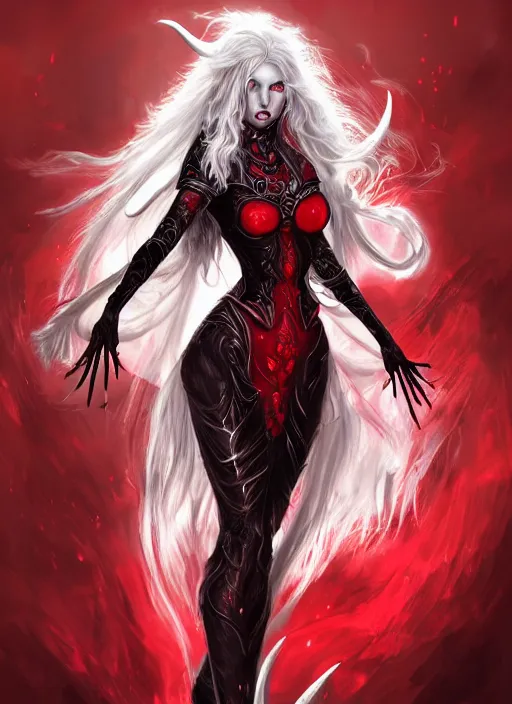 Image similar to a highly detailed illustration of fierce beautiful long white haired horned demon woman wearing red and black battle dress, dramatic imposing pose, perfect face, perfect body, intricate, elegant, highly detailed, centered, digital painting, artstation, concept art, smooth, sharp focus, league of legends concept art, wlop.