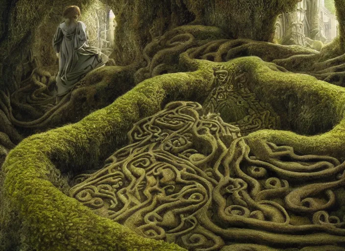 Image similar to jim henson's labyrinth. carved stone overgrown with moss. stonewalls creatures, plants, and social situations will be easier. by edgar maxence and caravaggio and michael whelan and delacroix style, artistic, intricate painting, cinematic lighting, hyper realistic, extremely detailed, 8 k resolution, establishing shot, dramatic lighting