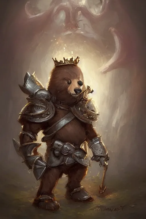 Image similar to cute little anthropomorphic bear knight wearing a cape and a crown, tiny, small, miniature bear, baby animal, short, pale blue armor, cute and adorable, pretty, beautiful, DnD character art portrait, matte fantasy painting, DeviantArt Artstation, by Jason Felix by Steve Argyle by Tyler Jacobson by Peter Mohrbacher, cinematic lighting