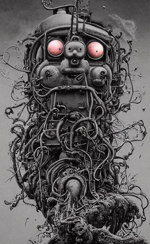 Image similar to thomas the tank engine in style of zdzisław beksinski, extremely dramatic lighting, 8 k, tendrils, black, darkness, black slime tendrils, infected, rust, body horror, thomas the train, thomas the tank engine face, horror,