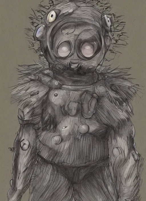 Image similar to beautiful little boy wearing an cyborg bear suit, artwork in kentaro miura and made in abyss and rosdraws, smooth, beautiful lightness, anatomically correct, trending on pixiv, forest