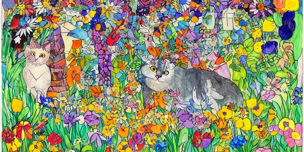 Image similar to cat playing in a garden of flowers, a mix media painting by laurel burch and Leonardo da Vinci and Natalia Goncharova, cluttered , child's drawing, art by Studio Ghibli, anime, thick black lineart