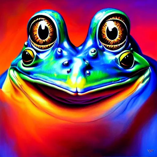 Prompt: vr painting of abstract surrealist frog by yvonne mcgillivray by mandy jurgens by michael divine, powerful eyes glowing highly detailed painting, spiritual abstract forms, symmetrical, trending on art station, abstract emotional, very beautiful, fantasy digital art, highly detailed patterned visionary art, magic symbols, by michael divine, cosmic nebula, black gold color scheme